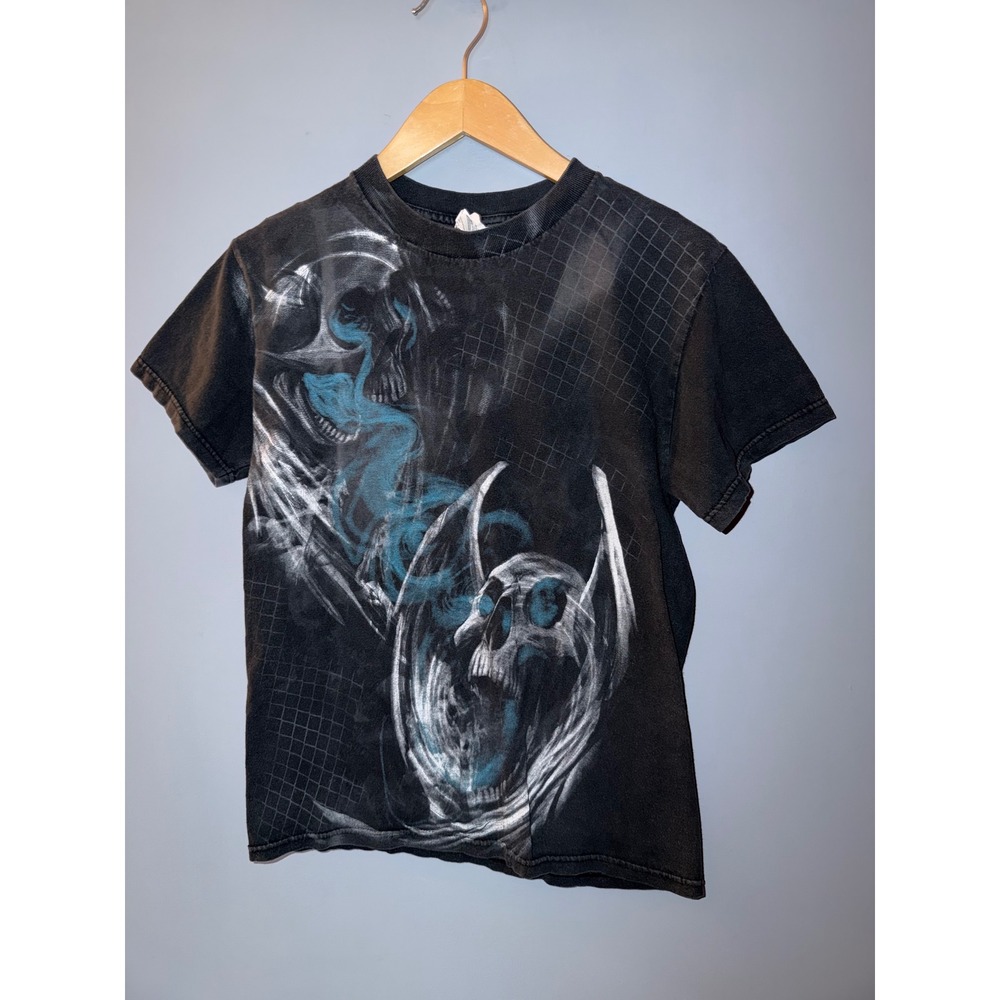 Alstyle Skull Graphic T-Shirt Mens Small Black Blue Smoke‎ All Over Print Tee